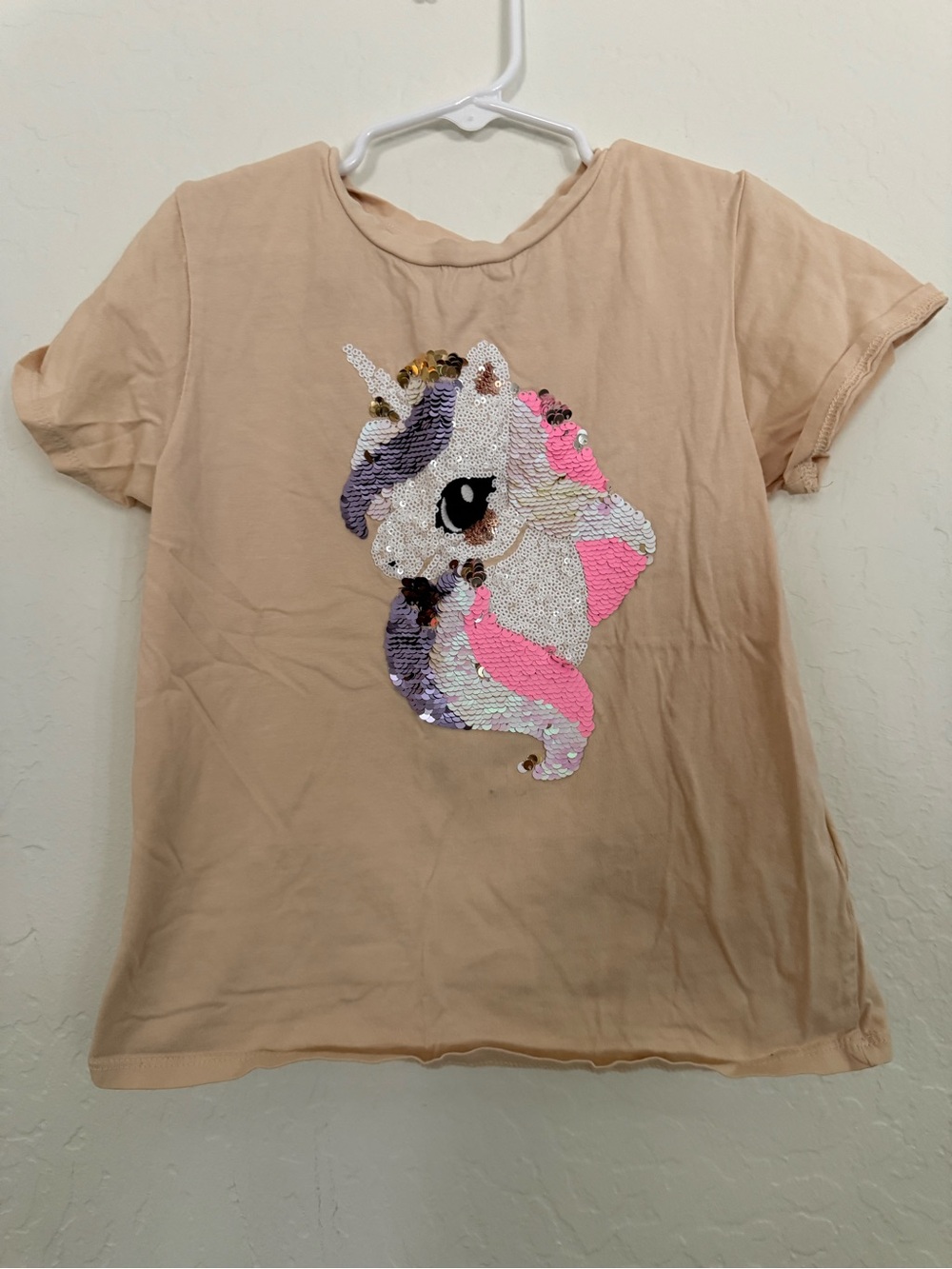 H&M Beige Girls Unicorn Sequin Tee with Pink and Purple Accents